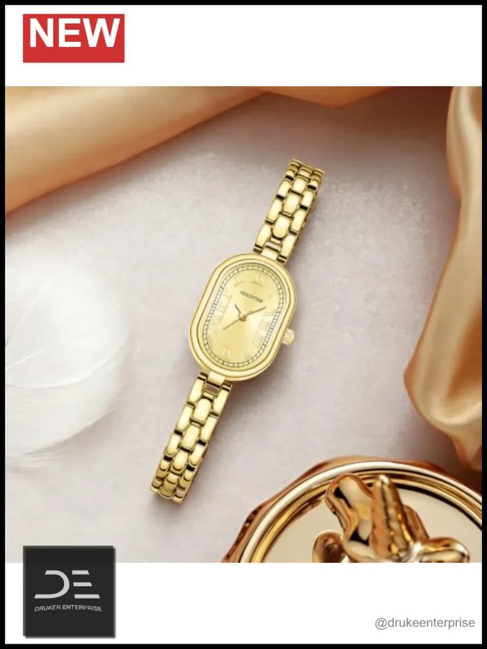 Vintage Oval Small Face Gold Wrist Watch Roman Numerals Quartz 30M Waterproof